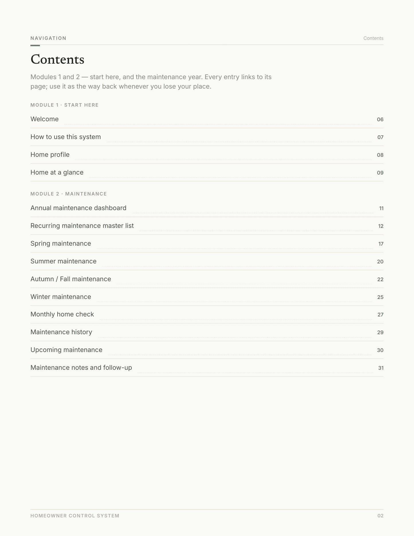 Contents — page 2 of the Navigation workbook