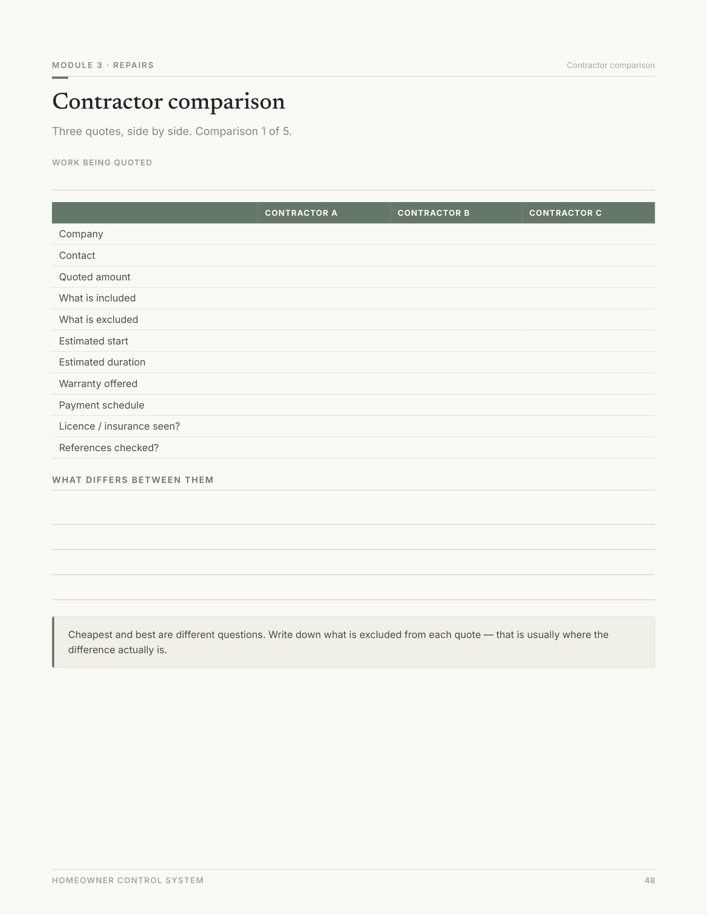 Contractor comparison — page 48 of the Repairs workbook