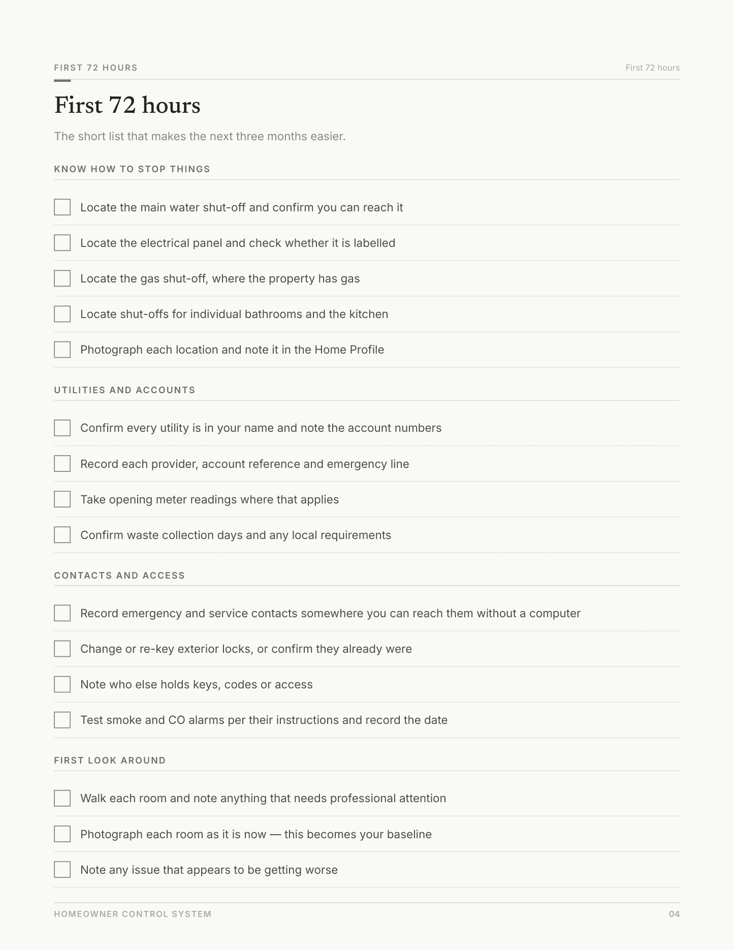 First 72 hours — page 4 of the First 90 Days workbook