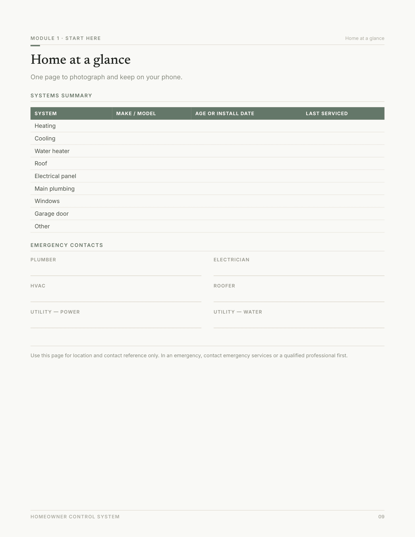 Home at a glance — page 9 of the Start here workbook