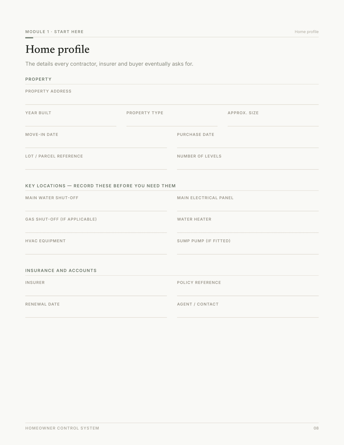 Home profile — page 8 of the Start here workbook