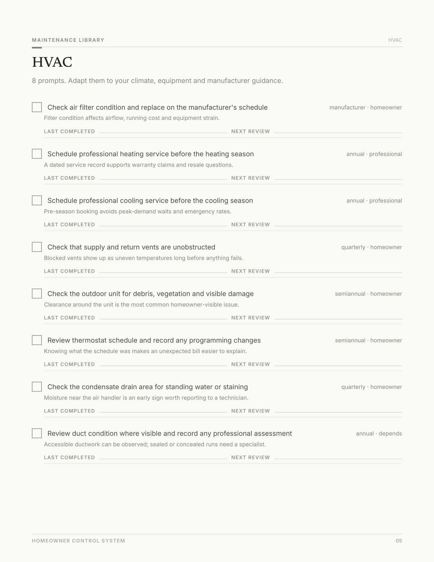Maintenance library — HVAC — page 5 of the Playbook workbook