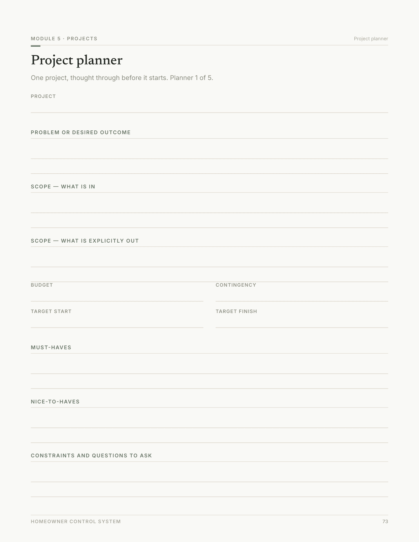 Project planner — page 73 of the Projects workbook