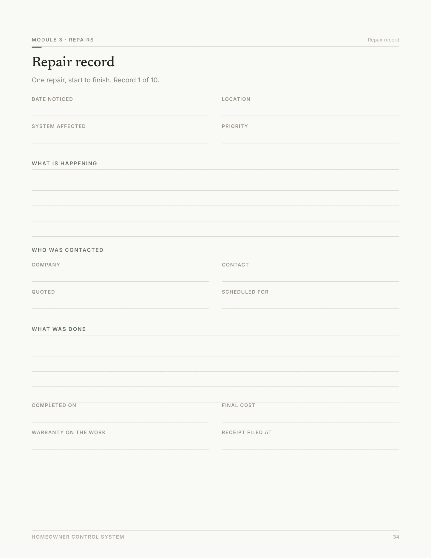 Repair record — page 34 of the Repairs workbook