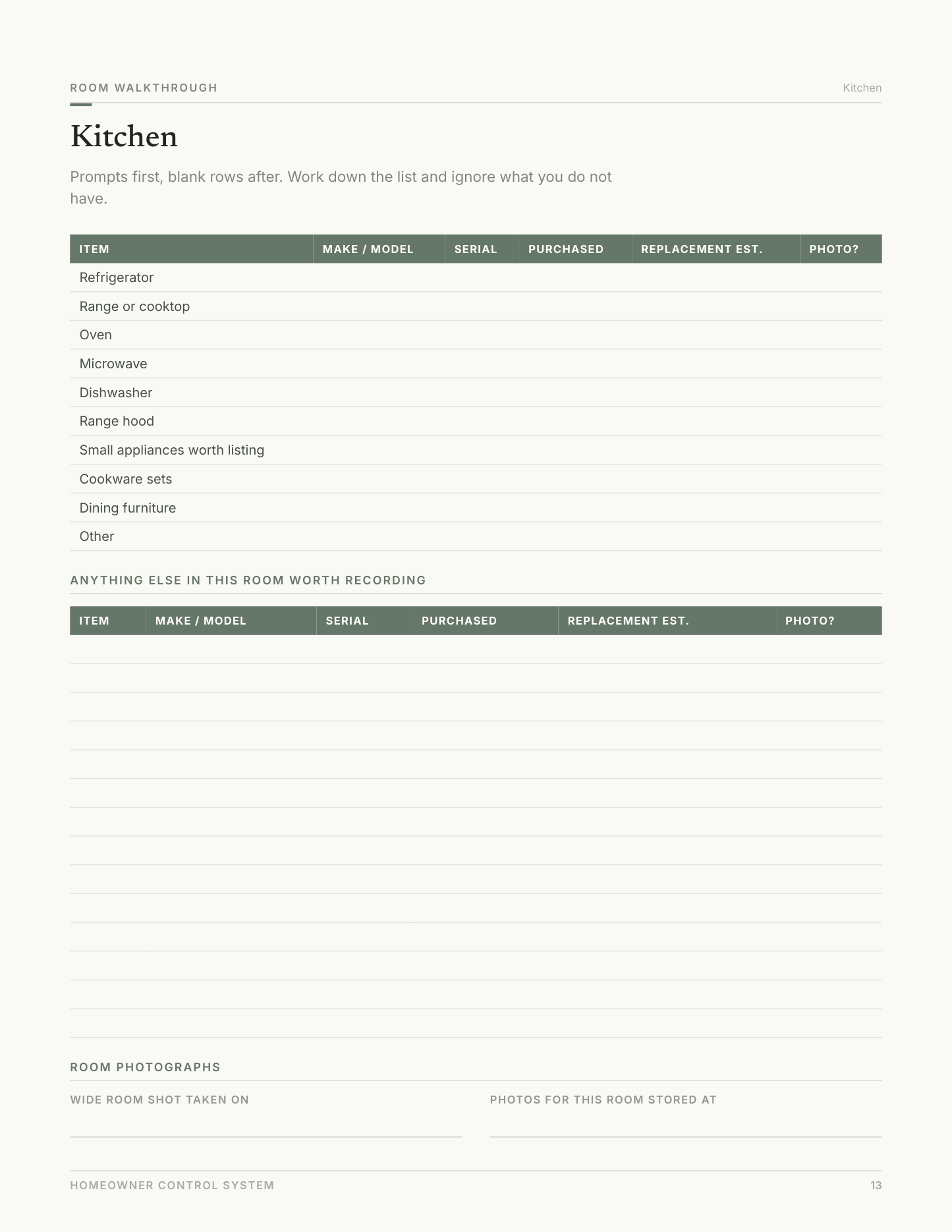 Room walkthrough — kitchen — page 13 of the Inventory Vault workbook