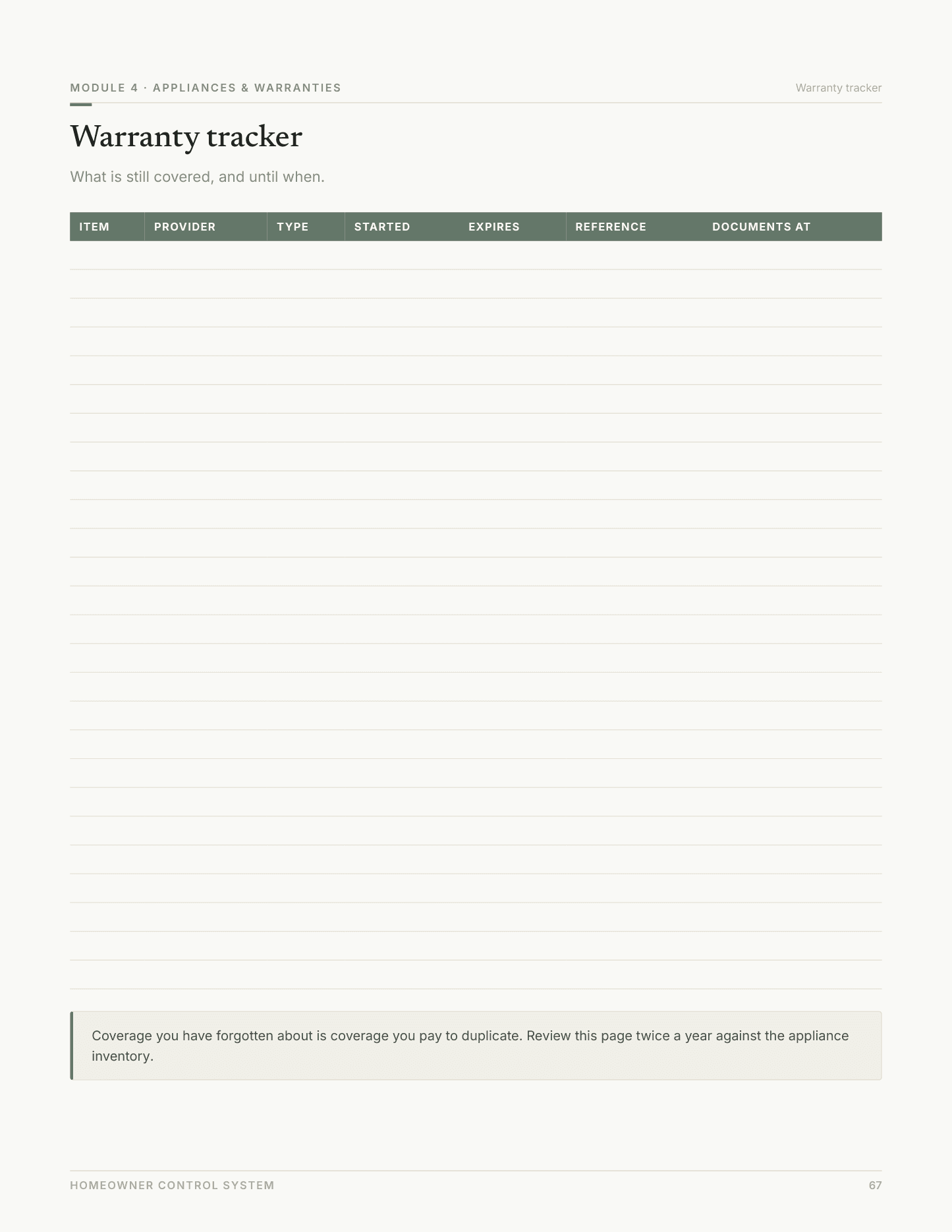 Warranty tracker — page 67 of the Appliances workbook