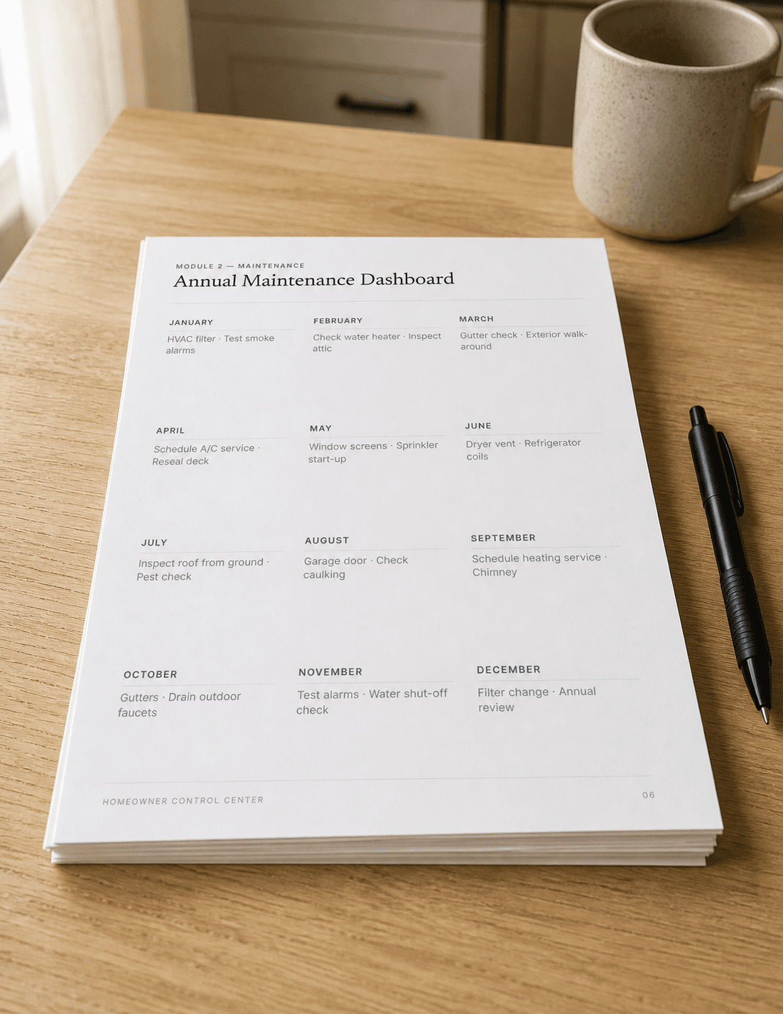 A stack of printed Homeowner Control Center worksheets on a kitchen table with a pen.